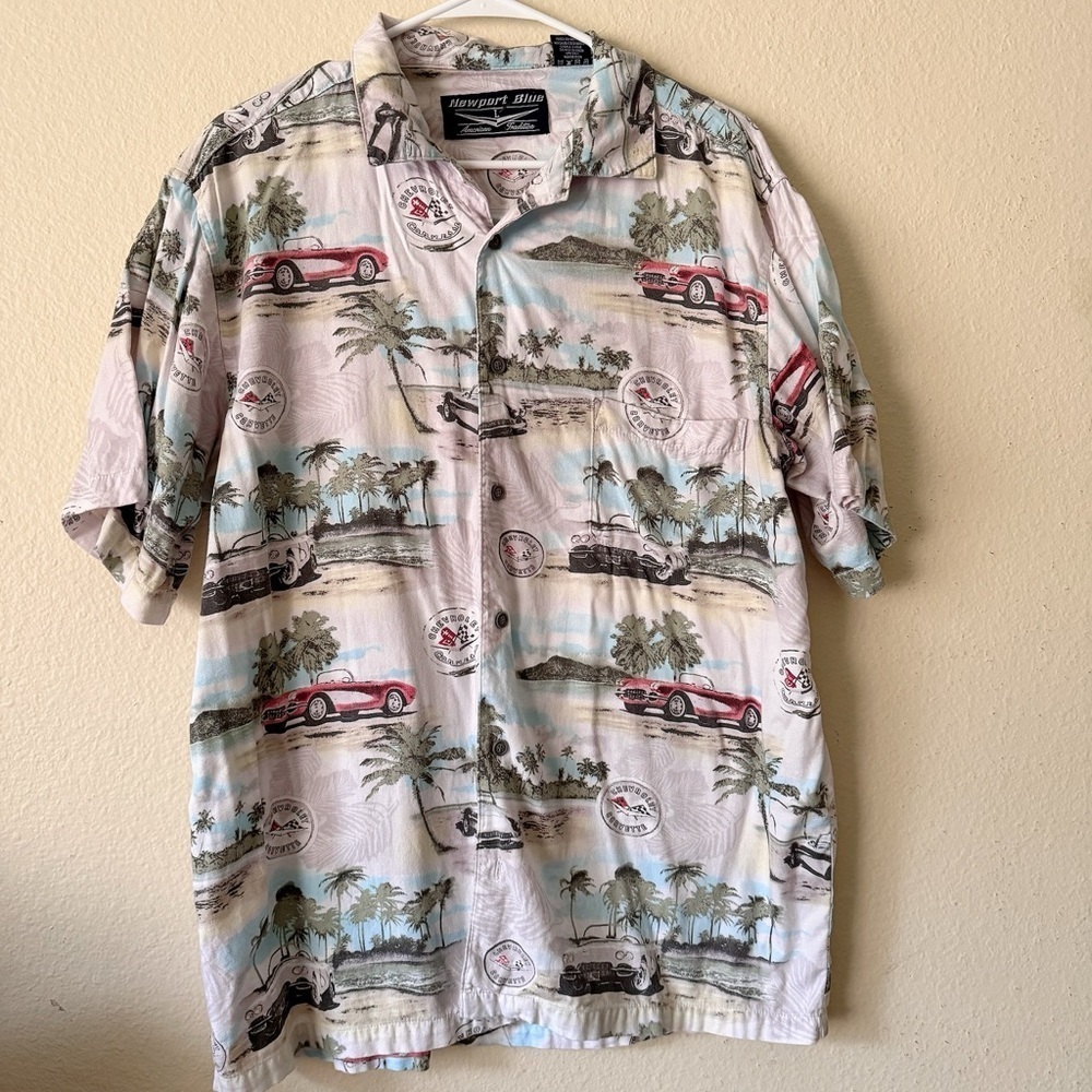 Corvette Chevrolet Shirt Men’s Large Hawaiian NewPort Blue Vintage Car Print
